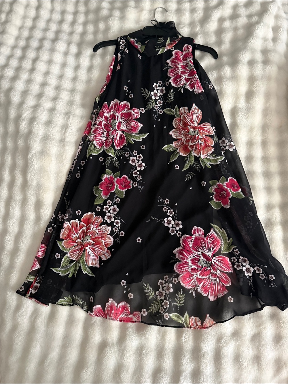 Robbie Bee Black Floral Sleeveless Swing Dress with Pink and Green Blooms